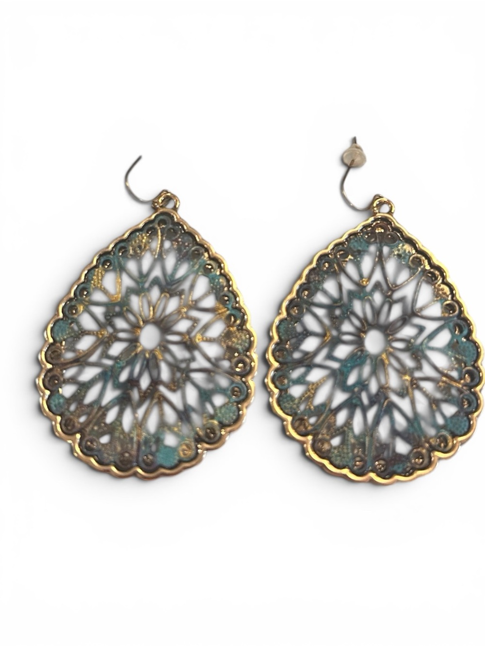 Gold Filigree Teardrop Earrings with Teal Accents